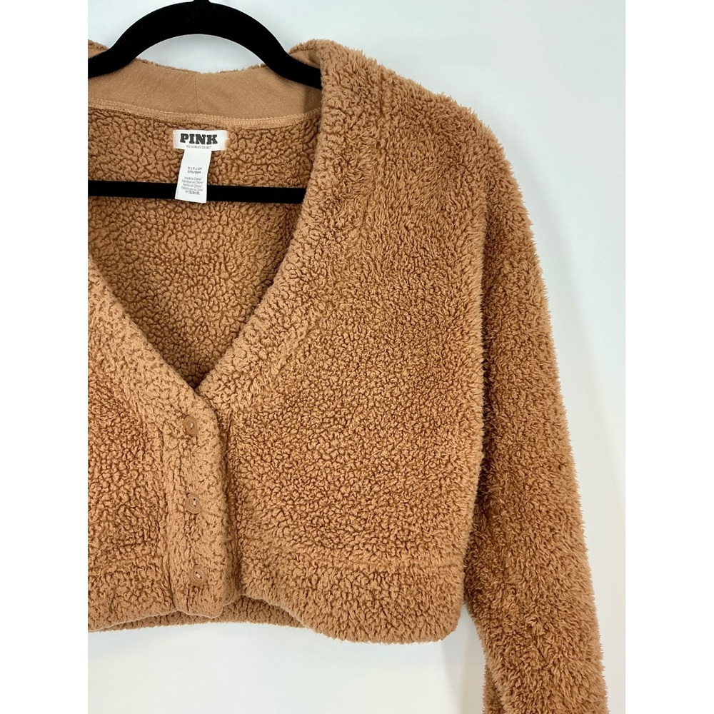 PINK Victoria's Secret Sherpa Teddy Cropped Cardigan Sweater Small Brown Cozy - Picture 11 of 12
